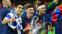 Ekspresi Trio MSN masing-masing yaitu Lionel Messi, Luis Suarez, dan Neymar   (EPA/Kay Nietfeld)