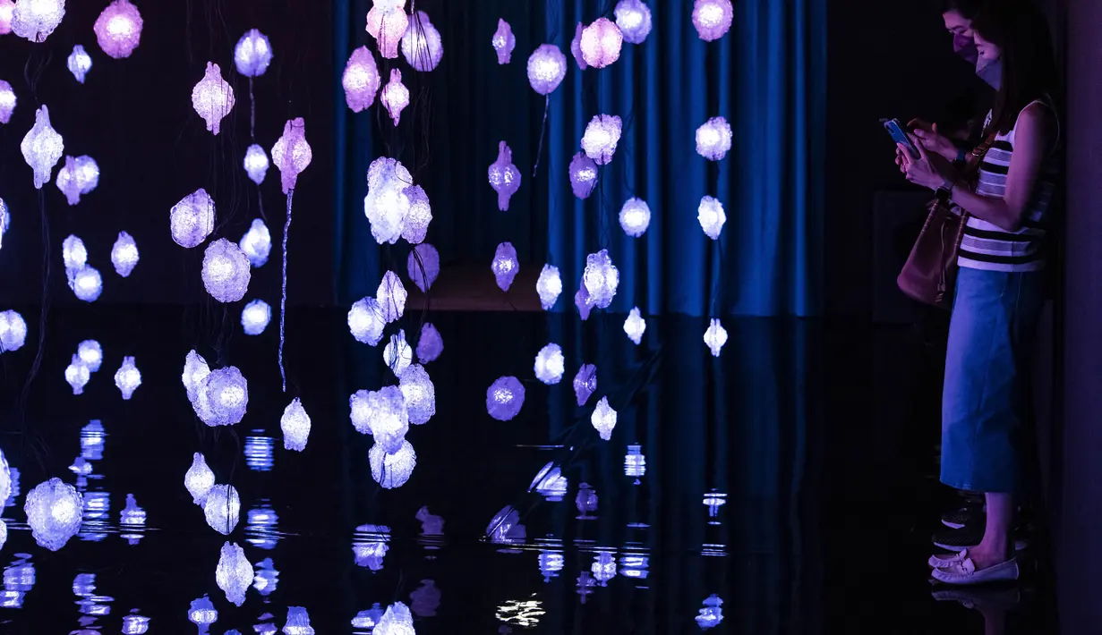 Orang-orang mengunjungi "Pixel Forest" oleh seniman Swiss Pipilotti Rist, sebuah instalasi seni dari 3000 lampu LED pahatan tangan yang digantung di langit-langit di Tai Kwun di Hong Kong (18/8/2022). (AFP/Isaac Lawrence)