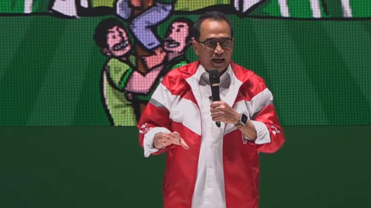 Menteri Perhubungan (Menhub) Budi Karya Sumadi dalam acara Grab ‘Percaya Indonesia Merdeka dari polusi’, di Ancol Jakarta, Senin (26/8/2024).