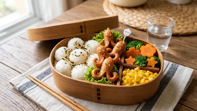 Bento Sosis Gurita dengan Nasi dan Sayuran