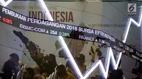 Layar indeks harga saham gabungan menunjukkan data di Bursa Efek Indonesia, Jakarta, Selasa (2/1). Perdagangan bursa saham 2018 dibuka pada level 6.366 poin, angka tersebut naik 11 poin. (Liputan6.com/Faizal Fanani)