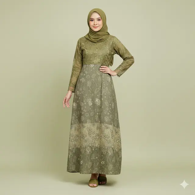 Model Gamis Batik Kombinasi Polos Warna Olive Cocok untuk Lamaran Sederhana. Gemini