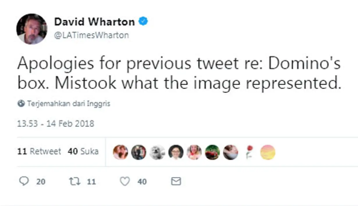 Melihat hal itu, David Wharton pun meminta maaf. "Aku minta maaf karena tweet sebelumnya. Aku salah mengartikan foto yang ditampilkan," kicaunya. (Foto: twitter.com/LATimesWharton)