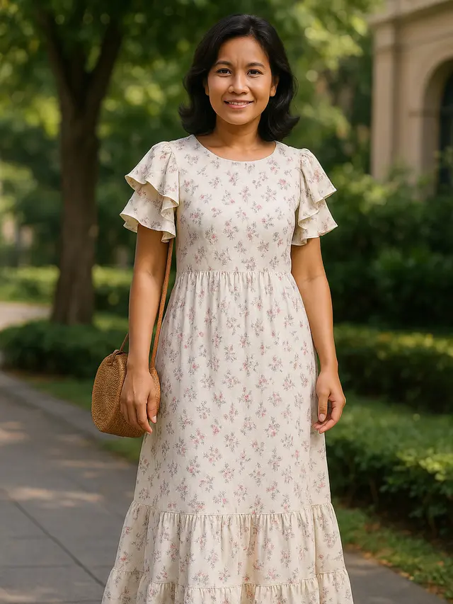 8 Inspirasi Long Dress Lengan Ruffle untuk Ibu-ibu, Bikin Tampilan Awet Muda dan Anggun