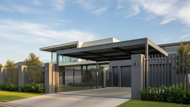 Carport Industrial Charcoal dengan Pagar Besi Senada