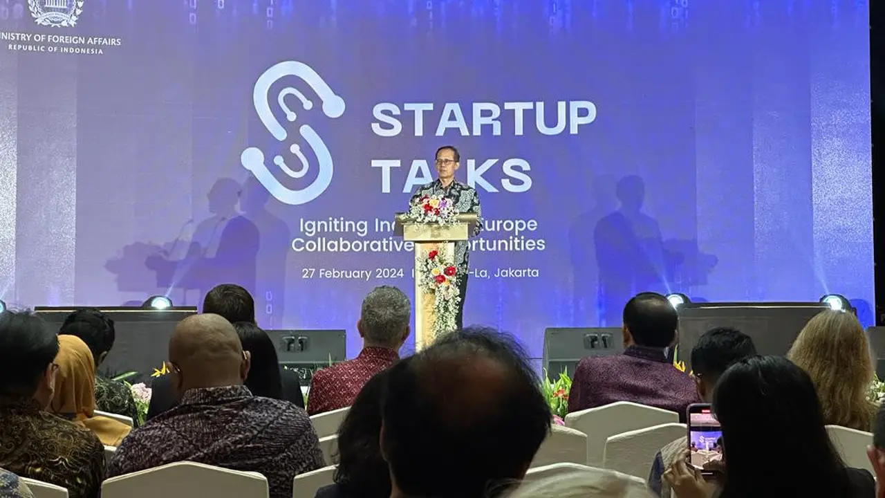 Acara "Start Up Talks: Igniting Indonesia-Europe Collaborative Opportunities" yang digelar oleh Kemlu RI di Hotel Shangri-La, Jakarta, Selasa (27/2/2024).