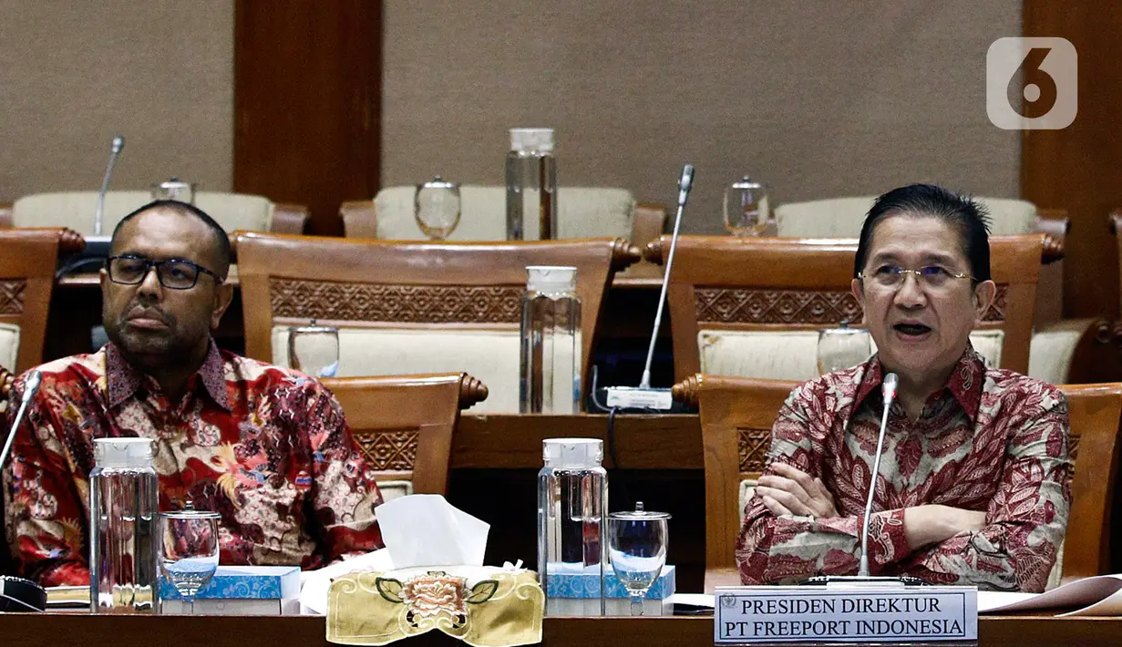 Presiden Direktur PT Freeport Indonesia Tony Wenas (kanan) mengikuti rapat dengar pendapat (RDP) dengan Komisi VII DPR RI di komplek Parlemen, Jakarta, Rabu (19/2/2020). Rapat membahas rencana kerja Freeport pascadivestasi serta mengevaluasi progres pembangunan smelter. (Liputan6.com/Johan Tallo)