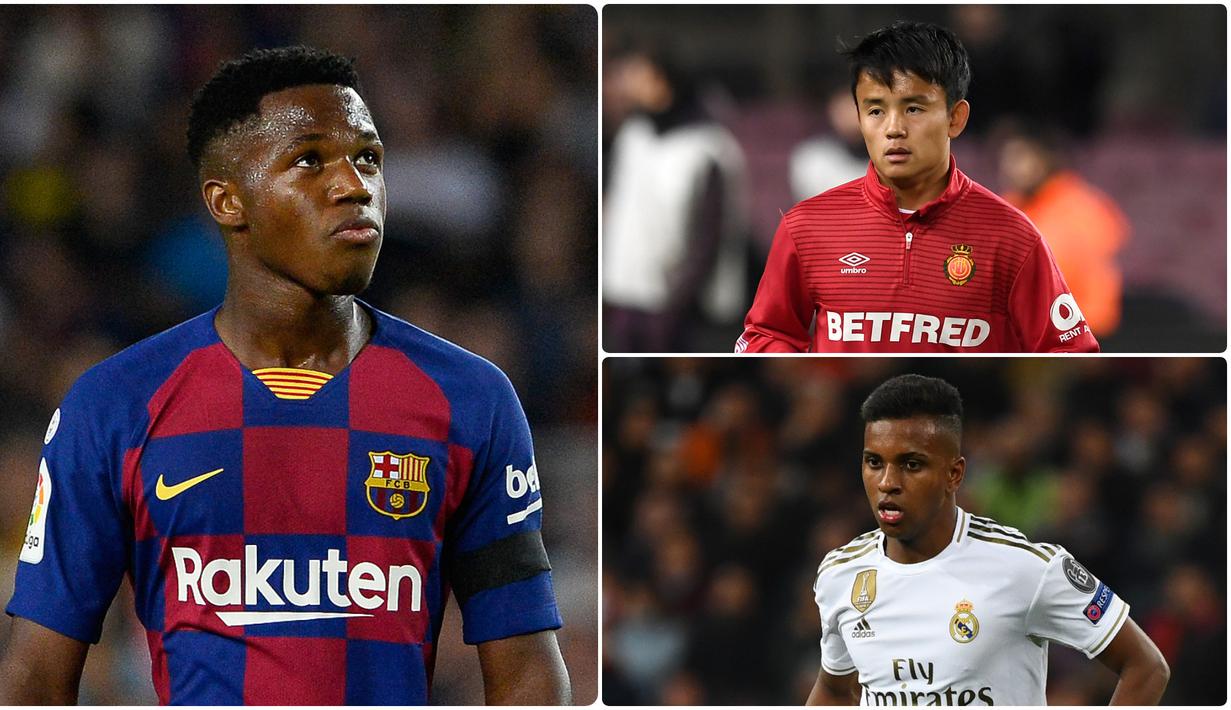 Liga Spanyol dikenal memiliki segudang wonderkid yang layak dinanti aksinya. Salah satunya Ansu Fati, pemain Barcelona ini tampil apik bersama timnas Spanyol di UEFA Nations League. Berikut Ansu Fati dan 5 wonderkid yang akan bersinar di Liga Spanyol musim 2020/2021. (kolase foto AFP)