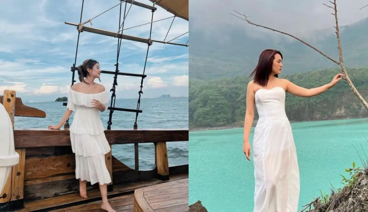 Ide OOTD liburan, bisa pilih gaun putih model sabrina atau strapless seperti Ghea dan Happy Asmara ini.