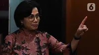 Menteri keuangan Sri Mulyani saat di wawancarai oleh liputan6 di Kementerian Keuangan, Jakarta, Kamis (16/3/2023). (Liputan6.com/Herman Zakharia)