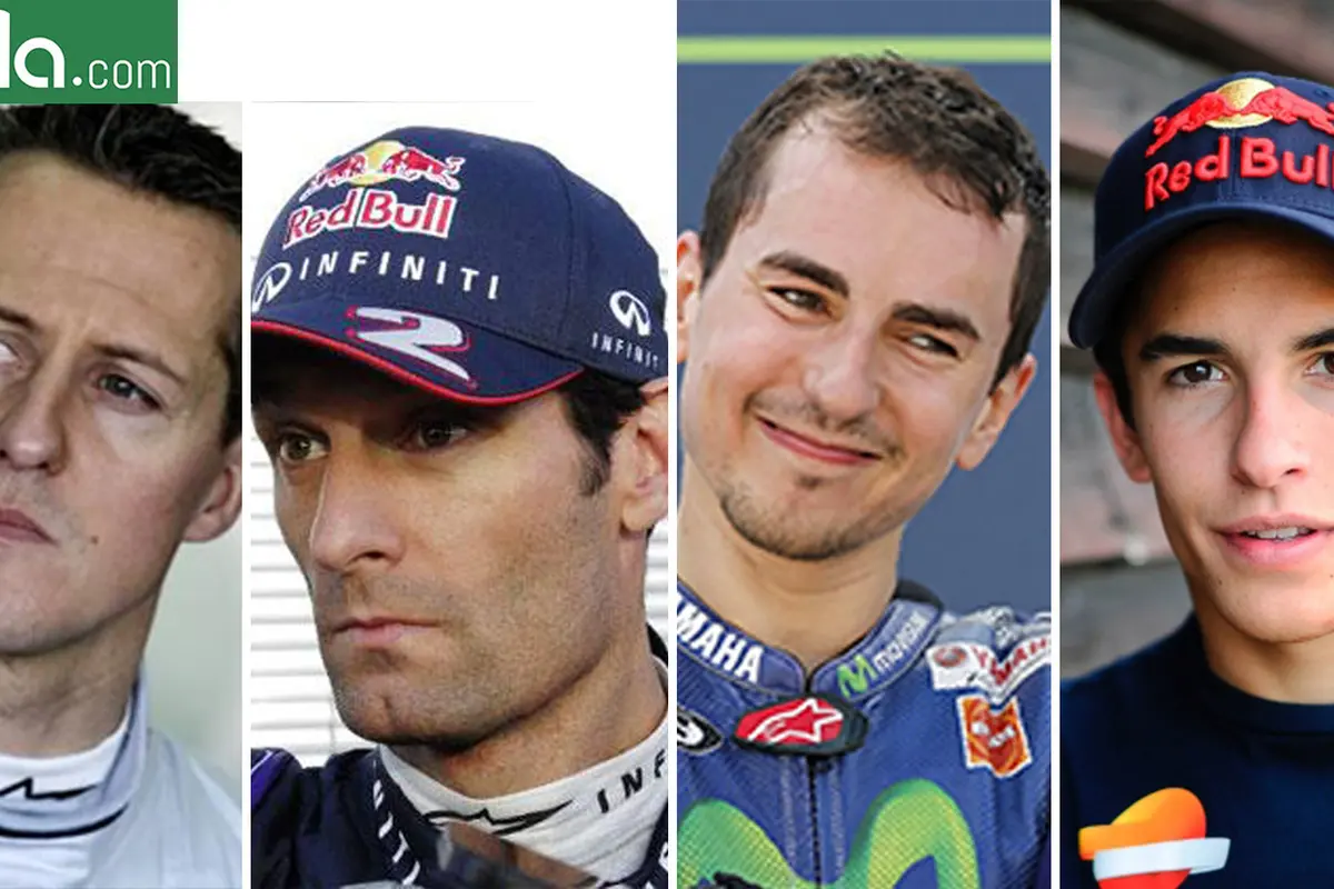 Marc Marquez, Mark Webber, Michael Schumacher dan Jorge Lorenzo (bola.com/Rudi Riana)