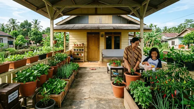 Inspirasi Rumah dengan Teras Lebar untuk Slow Living Model dengan Taman Mini dan Kitchen Garden