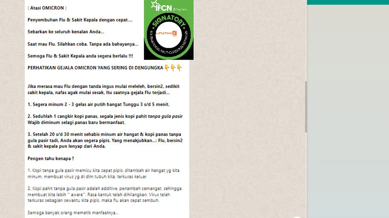 Cek Fakta Liputan6.com menelusuri informasi cara mengobati Covid-19 varian omicron dengan meminum kopi pahit
