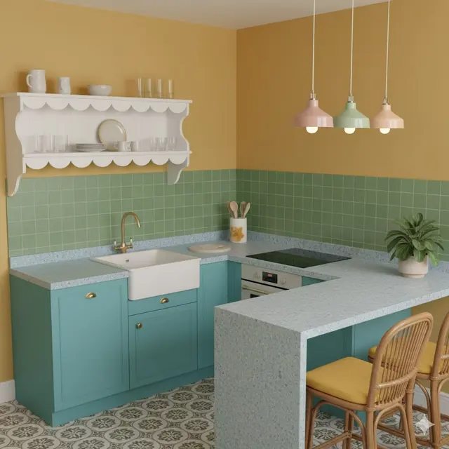 Dapur Vintage dengan Granit Imitasi Warna Pastel