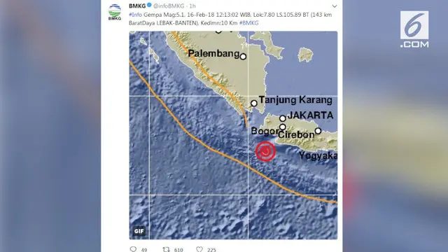 Gempa berkekuatan 5,1 Skala Richter mengguncang Lebak, Banten. Gempa tersebut terjadi pukul 12.13 WIB. Gempa juga dirasakan sebagian warga di Jakarta. 