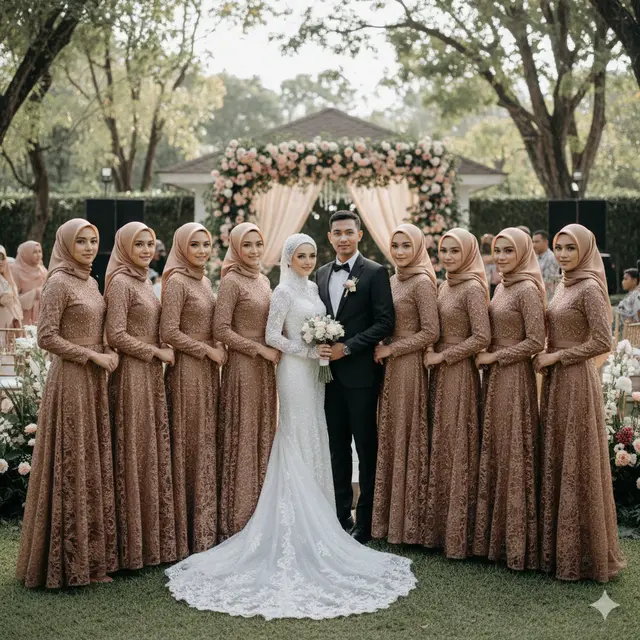 Model Gamis Brokat Warna Coklat tapi Tetap Glowing untuk Bridesmaid Berhijab