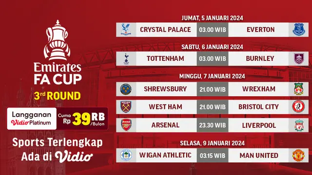 Link Jadwal Live Streaming Piala FA 2023/2024 di Vidio Pekan Ini
