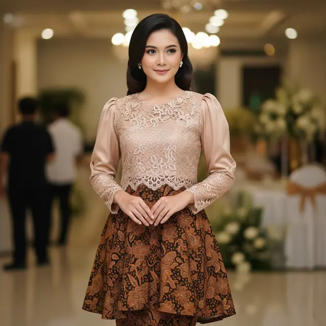 Tunik Batik Lengan Puff Warna Nude Detail Renda Brokat