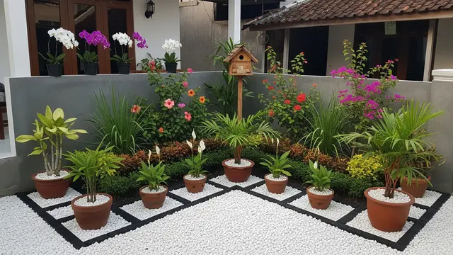 Inspirasi Halaman Rumah dengan Batu Kerikil Putih Model di Sudut Halaman dengan Area Tanaman