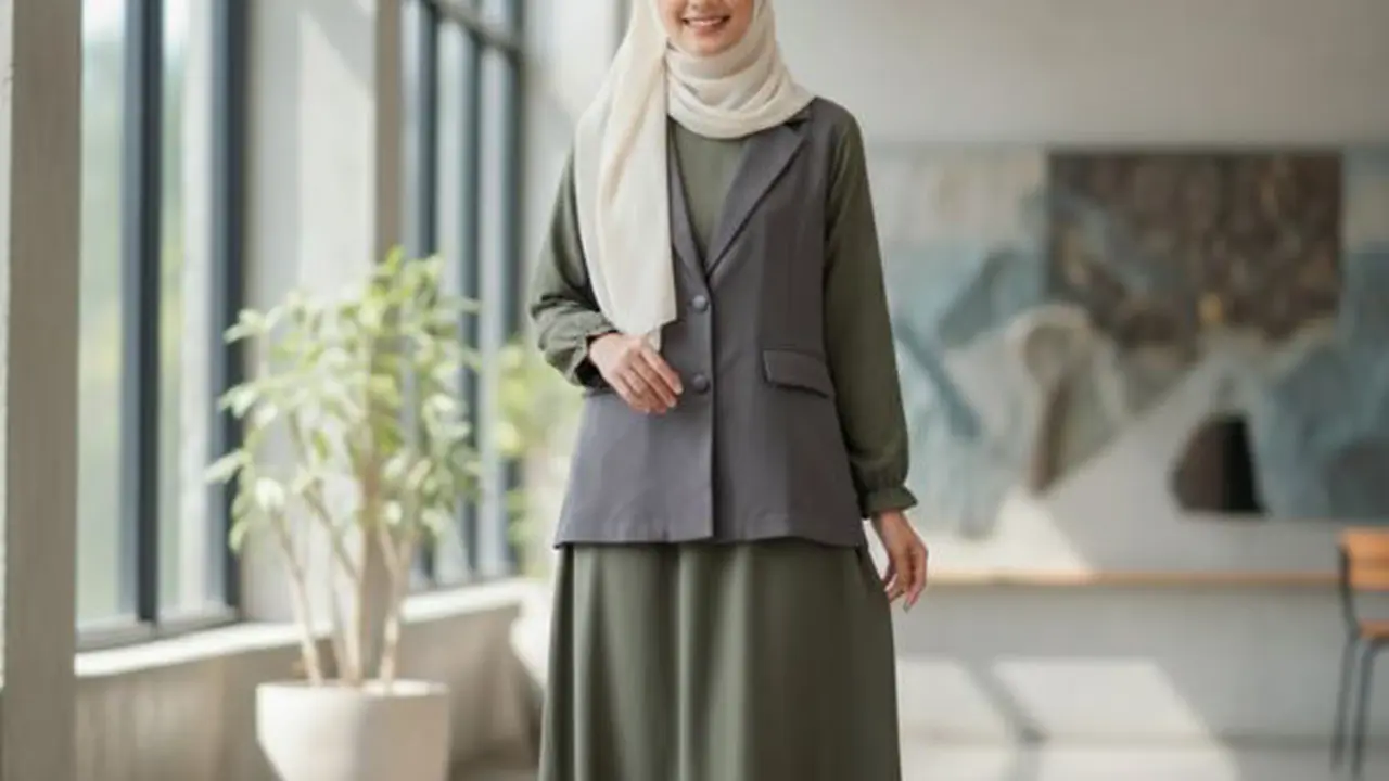 Ilustrasi Gamis Kombinasi Rompi/Gemini AI