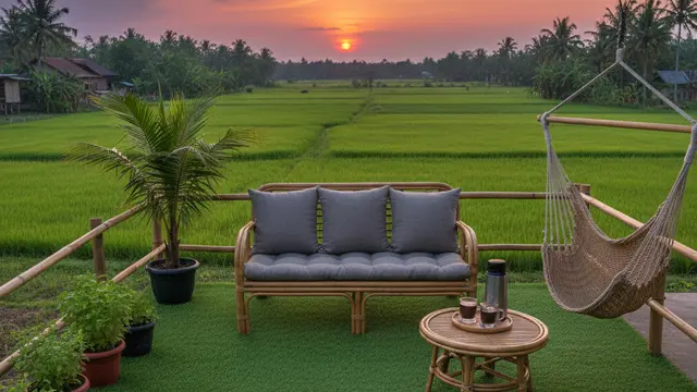 Teras Rumah Nyaman untuk Ngopi dengan View Kebun Hijau. AI