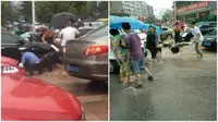 Sang murid kelas 6 yang baik hati sedang akan menolong seorang nenek melewati banjir di jalan raya. Anak perempuan itu malah meninggal. (Sumber Shanghaiist.com)