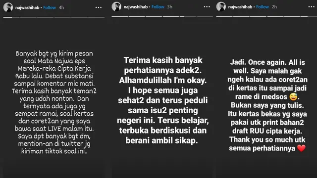 Unggahan Najwa Shihab. (Foto: Instagram @najwashihab)
