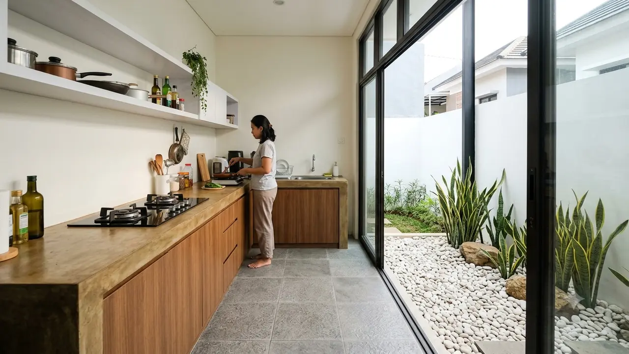 Desain Dapur dengan Taman Kering