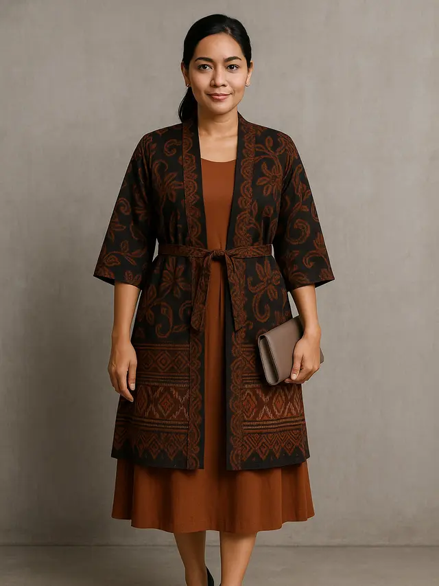 Outer Batik Panjang dengan Dress Polos untuk Kondangan Outdoor (Foto: Chat GPT)