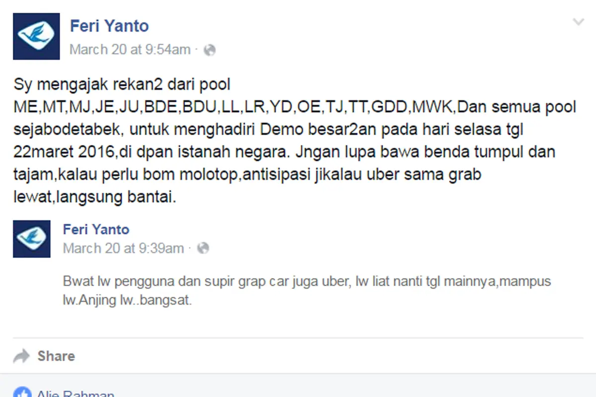Diduga, Salah Satu Demonstran Ajak Sopir Taksi Bawa Senjata