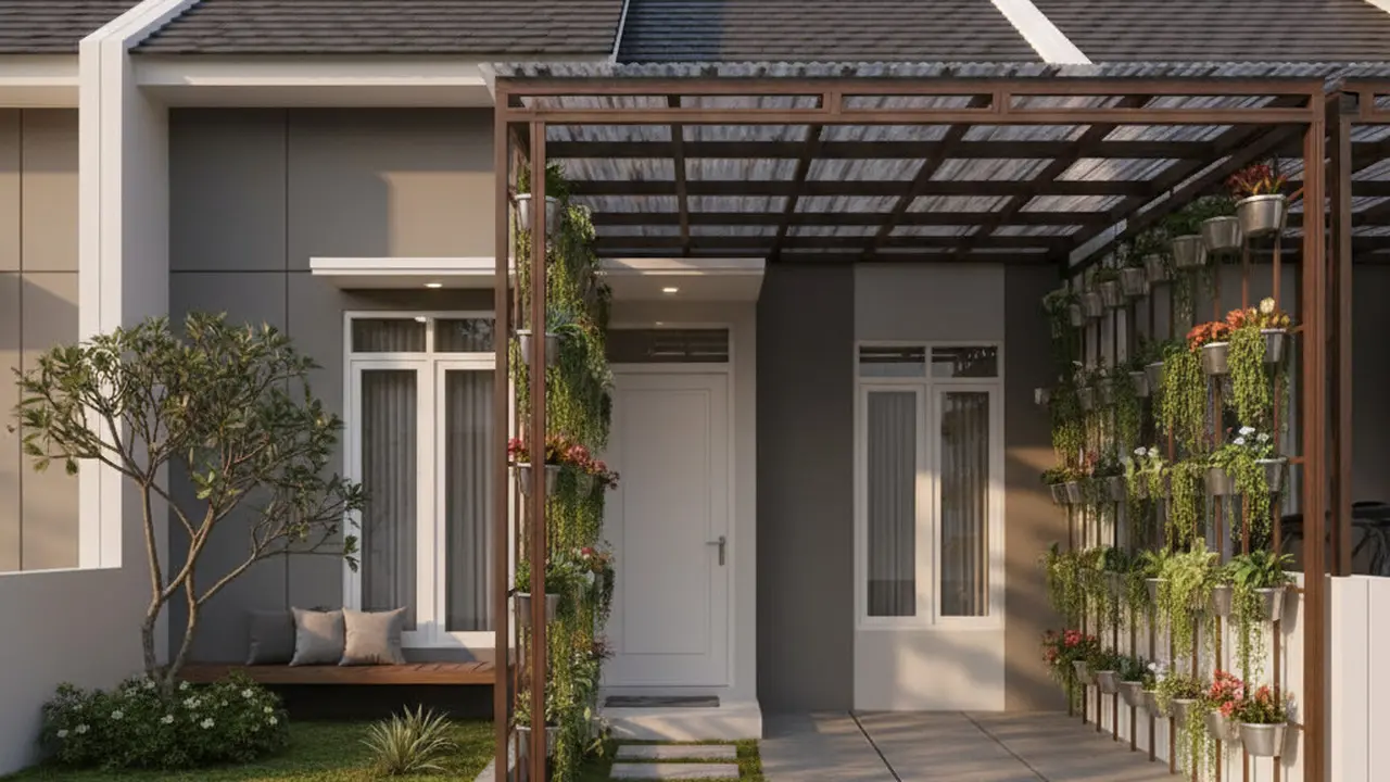 Desain Rumah Tipe 36 dengan Kanopi Mobil dan Halaman Depan