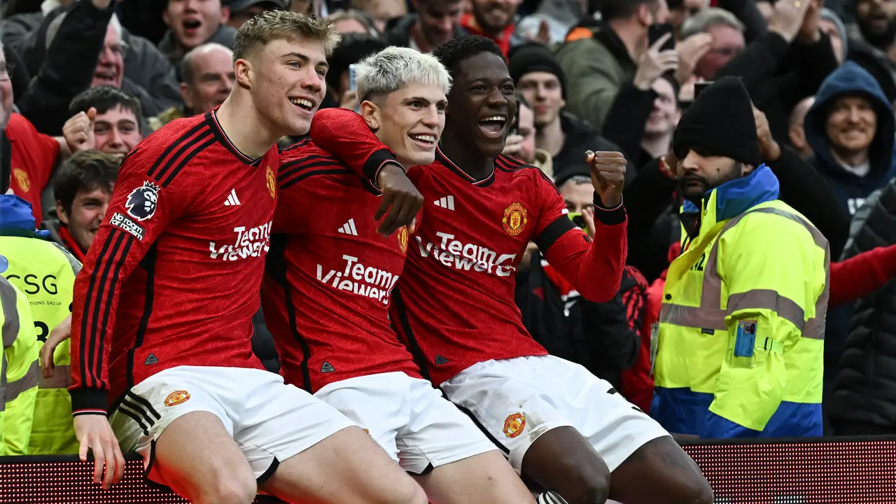 Selebrasi gol Alejandro Garnacho di Manchester United.