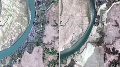 Citra satelit DigitalGlobe pada 2 Desember 2017 (kiri) dan 5 Februari 2018 (kanan) di Desa Myar Zin, sekitar 30 kilometer (19 mil) utara Maungdaw, Rakhine, Myanmar.  Sebagian besar desa Rohingya telah diratakan oleh pihak berwenang. (DigitalGlobe via AP)