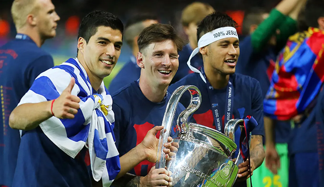 Ekspresi Trio MSN masing-masing yaitu Lionel Messi, Luis Suarez, dan Neymar   (EPA/Kay Nietfeld)