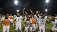 Para pemain Timnas Indonesia merayakan keberhasilan menahan imbang Vietnam di Stadion MPS, Selangor, Selasa (22/8/2017). Indonesia bermain imbang 0-0 lawan Vietnam. (Bola.com/Vitalis Yogi Trisna)