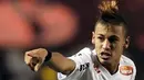 Striker Santos Neymar merayakan gol yang diciptakan ke gawang Penarol pada leg kedua semifinal Copa Libertadores di Sao Paulo, 22 Juni 2011. AFP PHOTO/VANDERLEI ALMEIDA