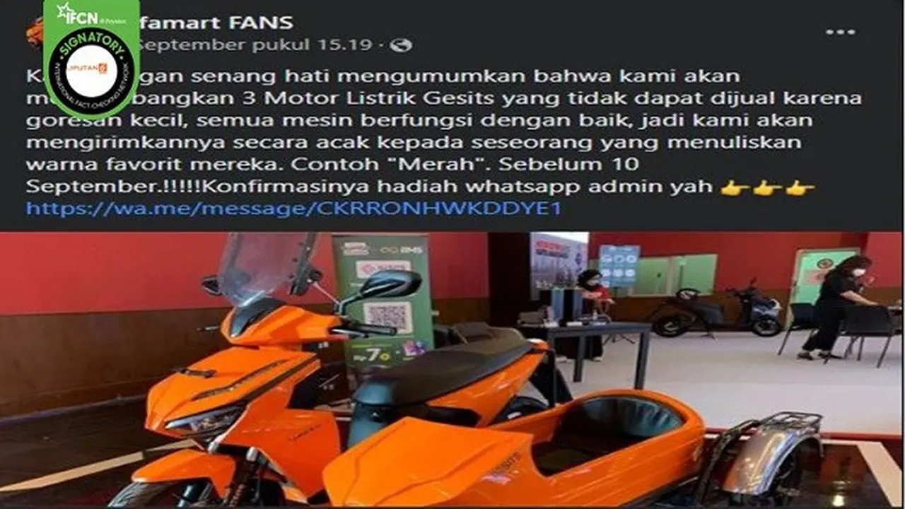 Gambar Tangkapan Layar Informasi Hoaks Alfamart Bagikan Motor Listrik Gesits Gratis Lewat Facebook (sumber: Facebook).
