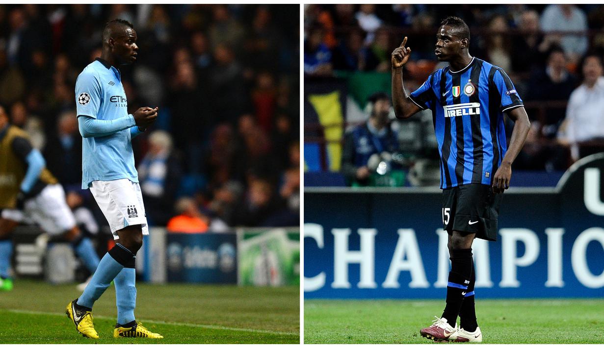 Foto kolase saat Mario Balotelli (kiri) membela Manchester City dalam pertandingan Liga Champions pada 6 November 2012 dan Balotelli (kanan) saat membela Inter Milan dalam pertandingan leg pertama semifinal Liga Champions pada 20 April 2010. (AFP/Andrew Yates, Filippo Monteforte)