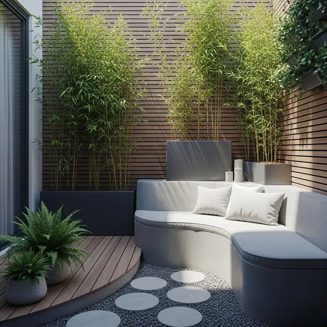 Teras Rumah dengan Bambu Jepang dan Bangku Cor (AI Generated)