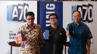 Head of Product Marketing Samsung Mobile Samsung Electronics Indonesia, Denny Galant (kiri) dan Senior Manager Business Development Qualcomm, Dominikus Susanto (kanan), Kamis (7/5/2019). Liputan6.com/ Agustin S. Wardani