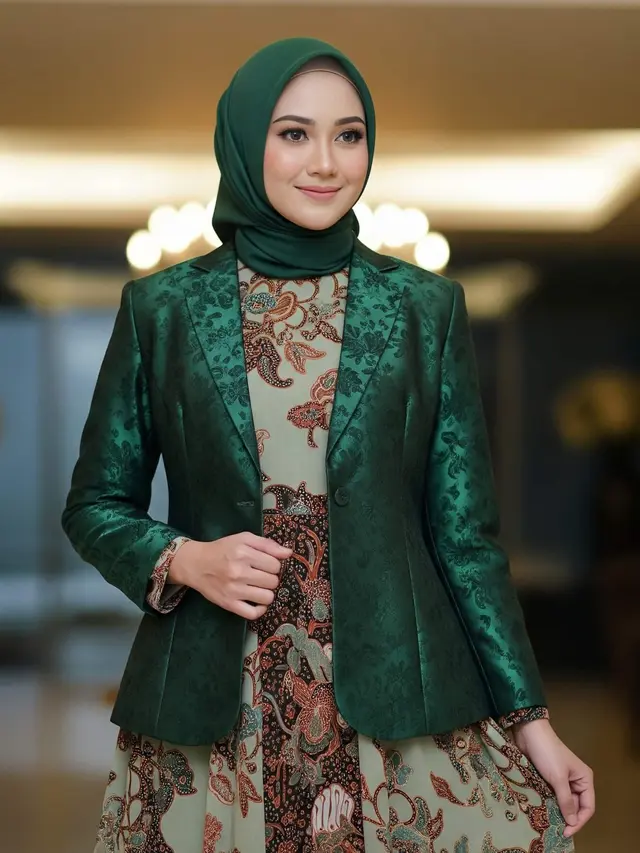 Model Gamis Batik Kombinasi Blazer Brokat untuk Kesan Ramping