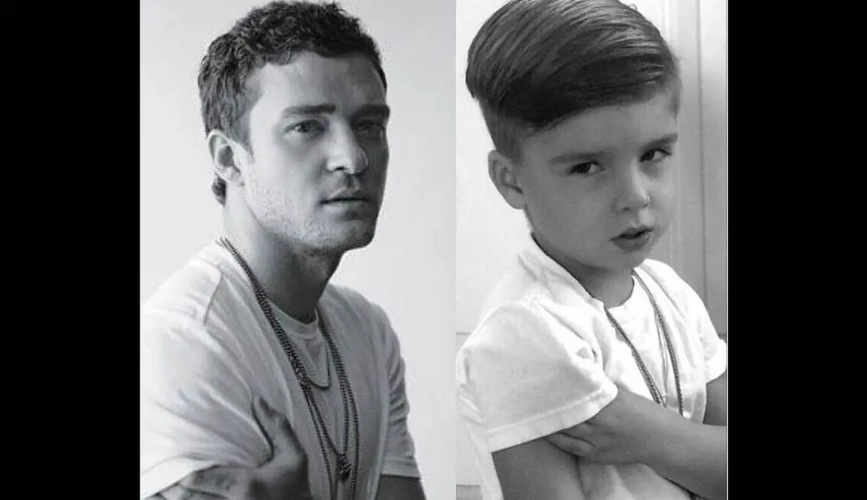 Ryker tampak meniru gaya busana dan pose penyanyi Justin Timberlake. (instagram.com/ministylehacker)