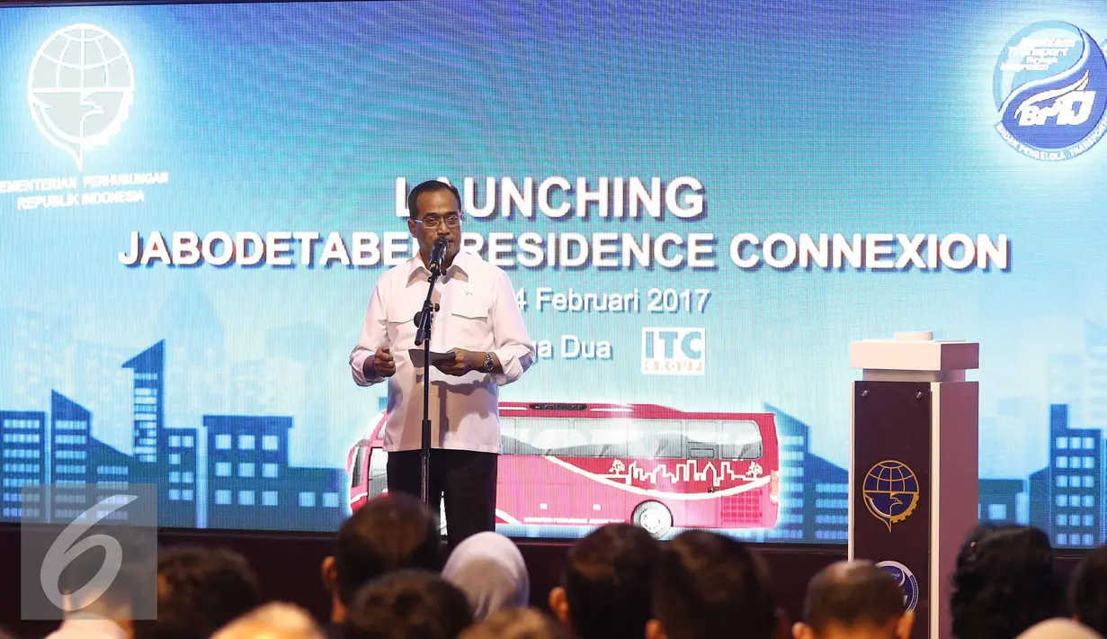 Budi Karya Sumadi memberikan sambutan dalam peluncuran Jabodetabek Residence Connexion di Jakarta, Selasa (14/2). Kawasan perumahan yang dilayani adalah yang berada di Bekasi, Bogor, Cibubur, Depok, Serpong, hingga Tangerang. (Liputan6.com/Faizal Fanani)