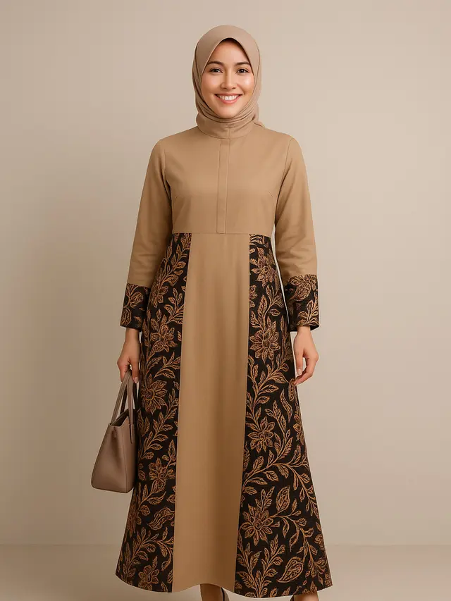 Model Gamis Batik Kombinasi Polos Kerah Shanghai 2025/ Ilustrasi gambar oleh AI