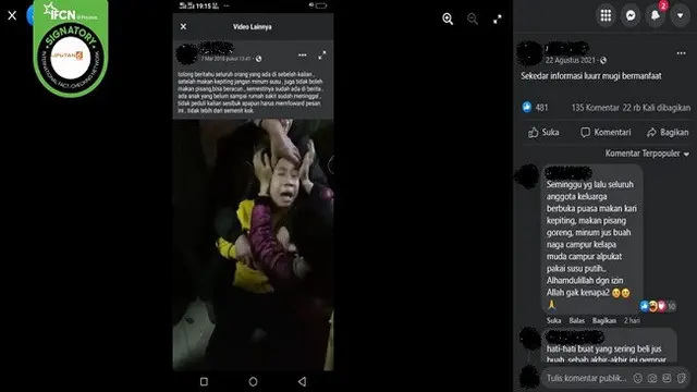 Gambar Tangkapan Layar Makan Kepiting dan Susu Bersamaan Bisa Sebabkan Keracunan (sumber: Facebook).