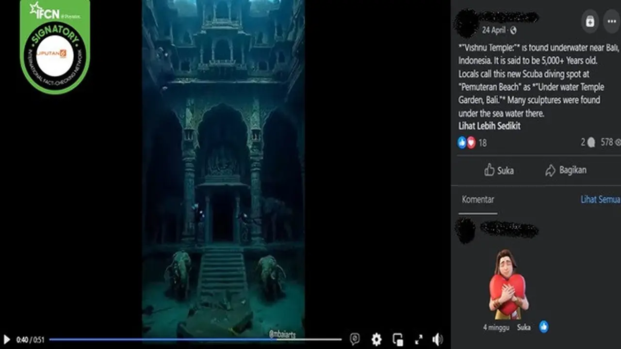 Gambar tangkapan layar video yang diklaim penemuan Candi Wisnu di dasar laut Bali. (sumber: Facebook)