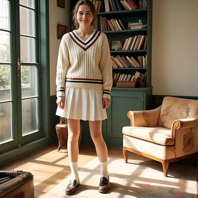 Sweater Rajut V-Neck dan Rok Tennis