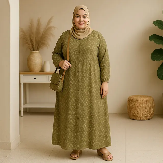 Inspirasi Model Gamis Motif Kecil Terbaru untuk Ibu Ibu Gemuk/via ChatGPT