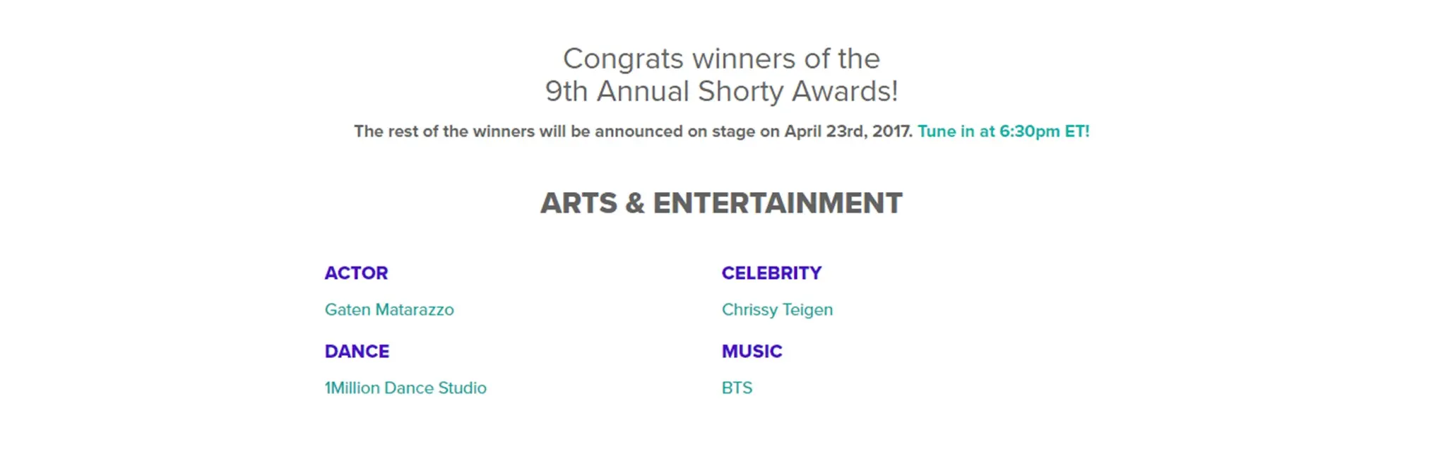 BTS jadi pemenang di ajang Shorty Awards ke-9 tahun 2017. (via shortyawards.com)