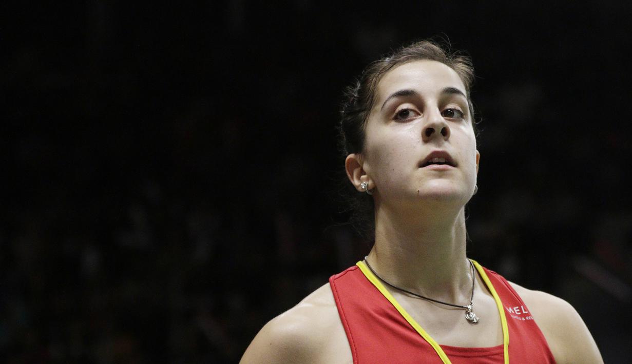 Tunggal putri Spanyol, Carolina Marin, saat melawan tunggal Korsel pada Indonesia Masters 2019 di Istora Senayan, Jakarta, Kamis (24/1). Marin lolos ke perempat final. (Bola.com/M. Iqbal Ichsan)